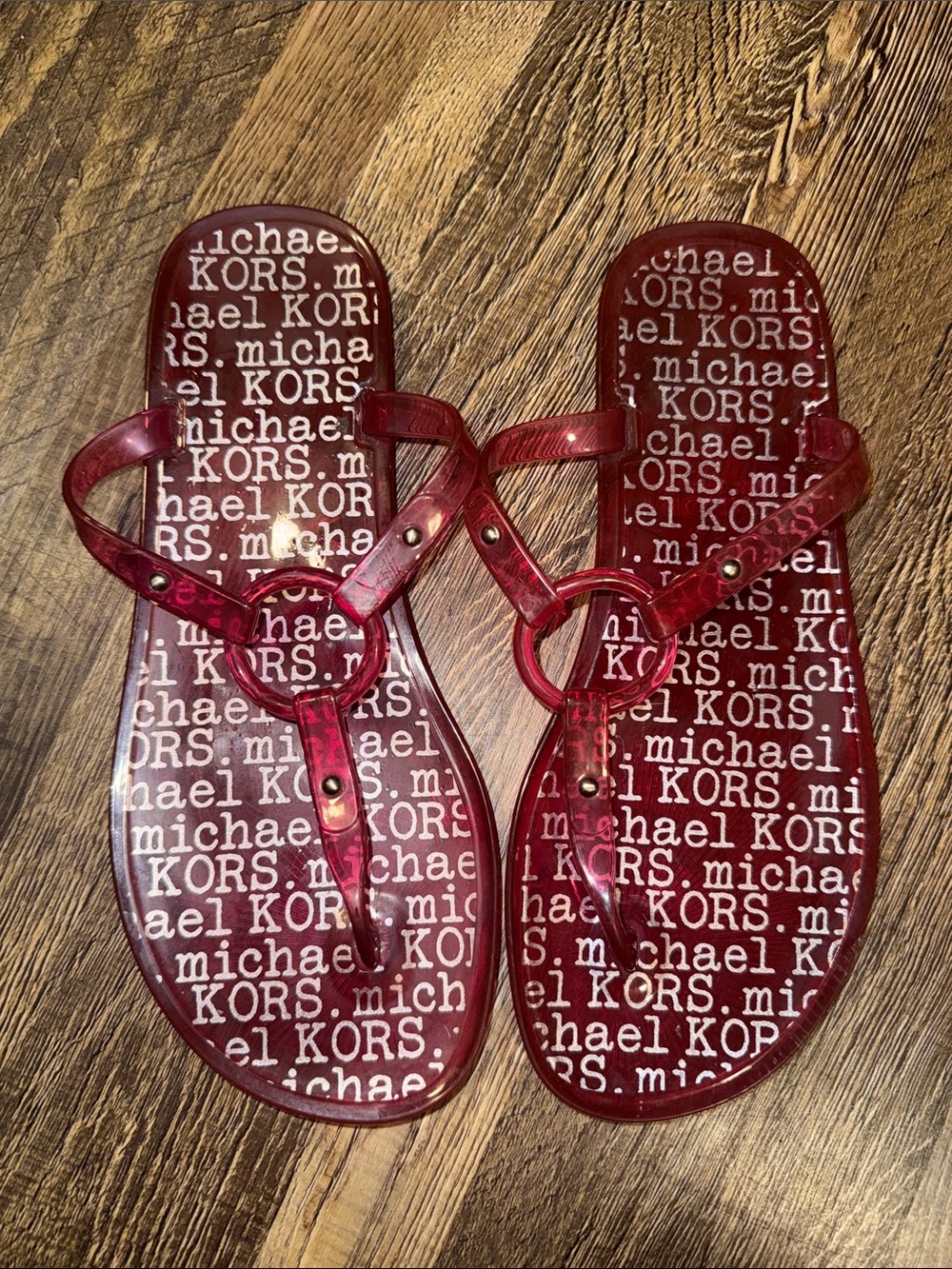 Michael Kors Transparent Red Logo Ring Thong Sandals